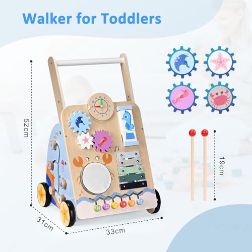 Lauflernwagen Holz, Lauflernwagen Baby Lauflernhilfe mit Rädern & Bauklötzen Spielgeräte Aktivitätszentrum Set, Multifunktion Baby Walker Spielzeug Geschenk für Kleinekinder Kinder 10 Mon. - 1-2 Jhr.