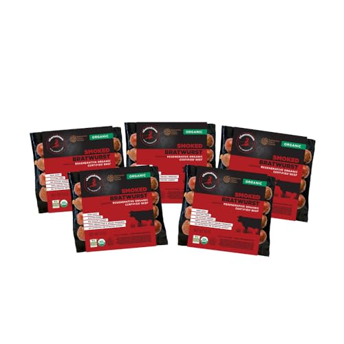Charcutnuvo: Organic Smoked Beef Bratwurst - 10oz, Cooked and Smoked Sausage - 5-Pack