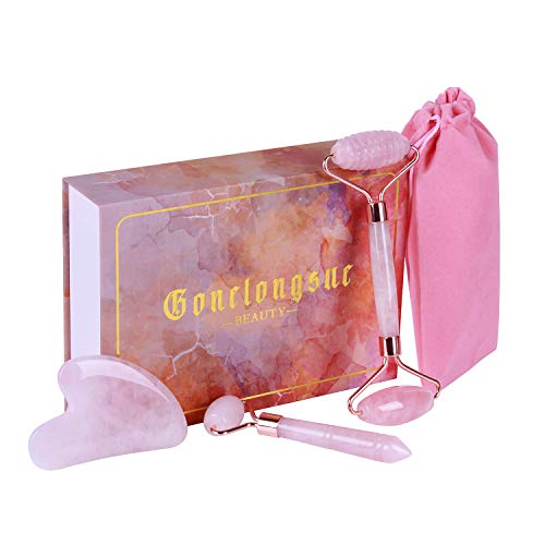 Jade Roller and Gua Sha Set, 100% Natural Jade Stone Face Roller, Dual Sided Massage Roller Stimulates Blood Flow, Relieves Stress