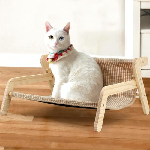 MAYSONG Cama para gatos con rascador de sisal, sofá de madera maciza natural para gatos de 50 libras, tapete lavable sin formaldehído, muebles de gato para interiores y exteriores para sala de estar o