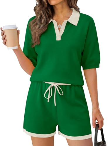Image of Tankaneo Womens 2 Piece Short Sets Short Sleeve Knit Tops Vacation Outfits | Sweater Fabric, 2026 Summer, Collared, Matching Lounge Set