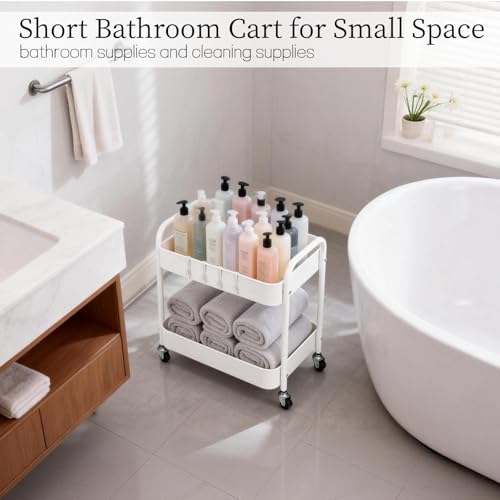 Image of Under Desk Storage Cart 2 Tier Utility Rolling Cart with Wheels, Small Metal Mobile Trolley with Handle Two Tiered Utility Organizer Roller for Kitchen Office Bathroom Pantry Room, White