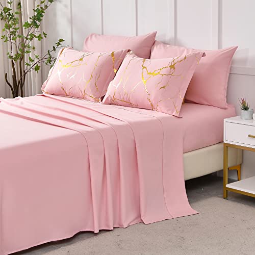 Yogeneg Gold Metallic Marble King Size Comforter Set,7 Piece Bed In A Bag,Foil Print Glitter Pink Comforter And Sheet Set,All Season Soft Microfiber Complete Bedding Sets(Pink,King) #TOP3