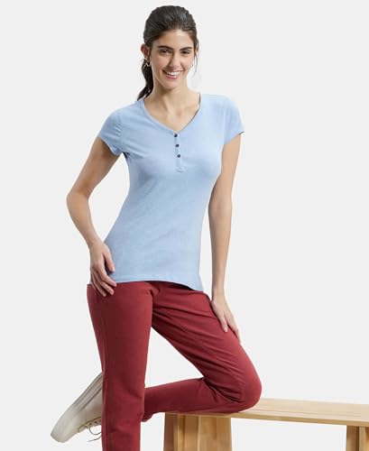 Image of Jockey UL03 Women's Super Combed Cotton Elastane Stretch Slim Fit Solid V Neck Henley Styled Half Sleeve T-Shirt