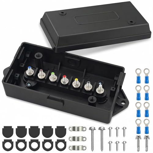 PKDOAX 7 Way Electrical Trailer Wiring Junction Box with Ring Terminal Connectors Weatherproof 12V 7 Pin Wire Cable Connection Terminal Splice Block for RV Camper Boat Trailer Light Rewiring