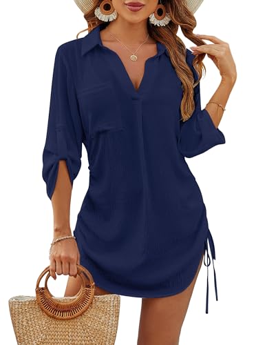 Image of Blooming Jelly Womens Bathing Suit Cover Ups Bikini Swimsuit Coverup Drawstring Beach Dress Shirt
