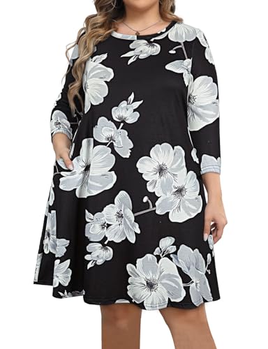 Image of Tanst Sky Womens Casual Round Neck Plus Size Floral Tunic Shirt Dress with Pockets