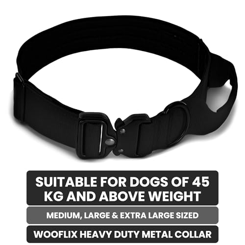 Image of Wooflix Metal Dog Collar for Training and Walks | Nylon Collar with Tactical Metal Buckle and D-Ring for Medium and Large Dogs | Dog Collar for Heavy Breed Dogs (Black T2, Extra Large)
