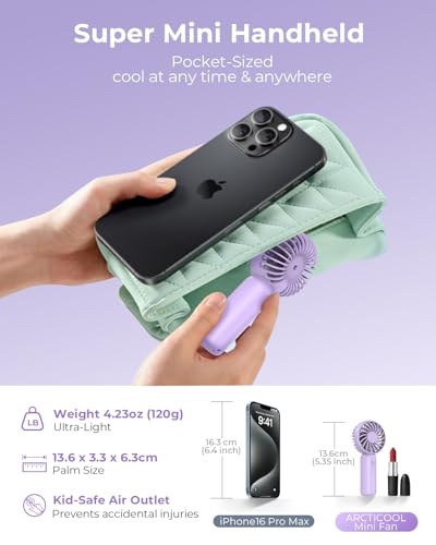 Image of ARCTICOOL Portable Mini Fan - Rechargeable Hand Fan with 3 Adjustable Speeds, 2000mAh Battery, Lightweight Design, Low Noise, and Easy Portability for Indoor and Outdoor Use (Purple)