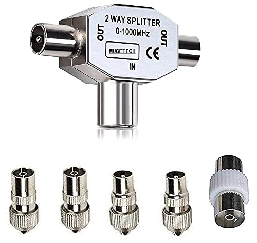 Mugetech TV Aerial Splitter 2 Way, TV Coax Splitter 1 Female to 2 Male Plug Coaxial Digital Signal Antenna Connector+5X TV Aerial Coaxial Cable Connectors