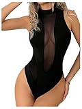 Milumia Women's Sleeveless Sheer Mesh Bodysuit Mock Neck Cut Out See Through Tank Top