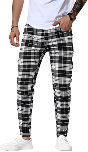 Men's Chinos Plaid Pants Classic Skinny Dress Pants Slim Fitted Tapered Stretch Plain-Front Expandable Waist Checkered Slacks Black & White