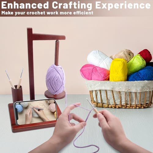 Image of Wooden Yarn Holder for Crocheting, Magnetic Rotating Yarn Spinner Yarn Spool Rack with Crochet Accessories Storage and Phone Stand, Yarn Ball Holder for Knitting Lovers