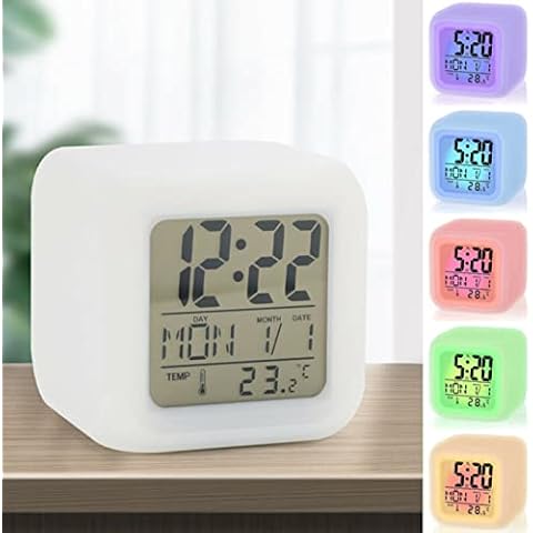 HpLive Kids Bedroom Night Light Alarm Clock with 7 Color Changing Lights, Led Digital Alarm Thermometer Night Glowing Cube, Touch Control, Easy To Set, Gift Clock for Boys and Girls(Battery powered) Cover