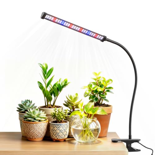 LED Grow Light 5700K Full Spectrum Clip Plant Growing Lamp with Red Blue White LEDs for Indoor Plants 5-Levels Dimmable Auto On Off Timing 4/8/12/18Hrs(Single Head)