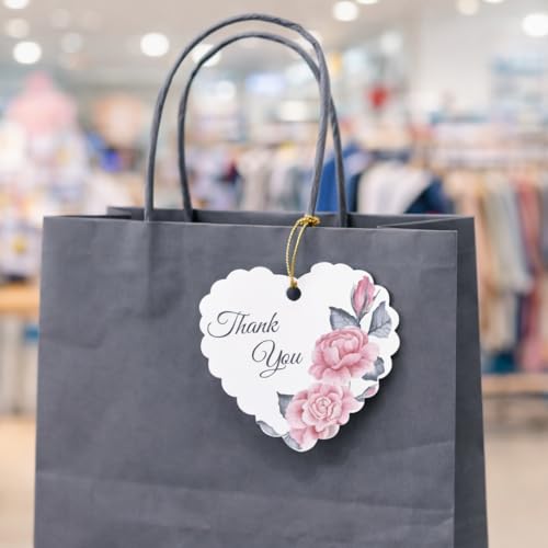 Image of CVANU Heart Shaped Thank You Tags 150-Pcs with Golden String, Floral Design Gift Tags for Wedding Favors| Birthday Party| Small Business Packaging (2.16x2.36 inch) D4