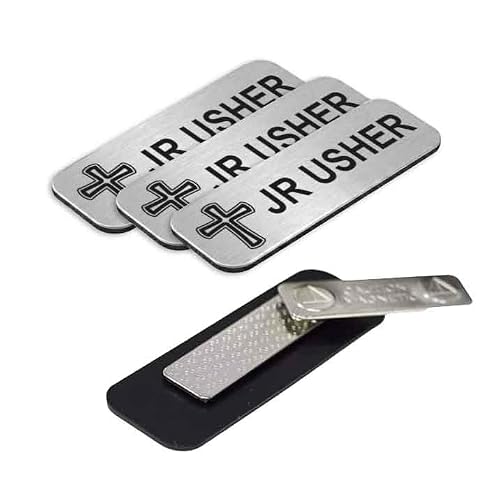 Jr Usher 1 x 3 Name Tag/Badge, Magnetic Backing Silver, Cross Design (3 Pack)