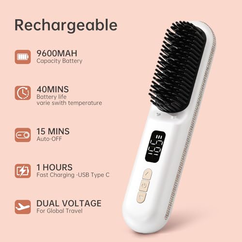 Image of Cordless Hair Straightener Brush, Negative Ion Hot Comb, Anti-Scald Ceramic | 9 Temps | 9600mAh | Type-C | Anti-Scald Design | Rapid Heating | Global Voltage | Easy to Carry