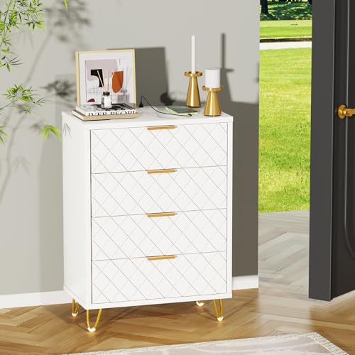 HaodaCulture Mesitas de Noche Blancas, Mesa de Noche con Estación de Carga, 4 cajones, 2 Tomas CA, 2 Puertos USB, Patas Forma de U, Estilo Moderno para Dormitorio, salón 60x34x91.5 cm