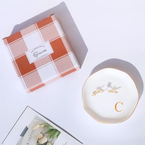 Image of Ceramic Jewelry Tray Initial Ring Dish Personalized C-Monogrammed Engagement Wedding Gifts, for Birthday Mother's Day Christmas for Women, Ceramic White 4.75 inch (C)