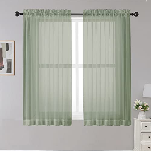 Image of OWENIE Sheer Curtains Sage Green, 45 inch Long, Light Filtering for Small Window, 2 Panels, Cafe Style