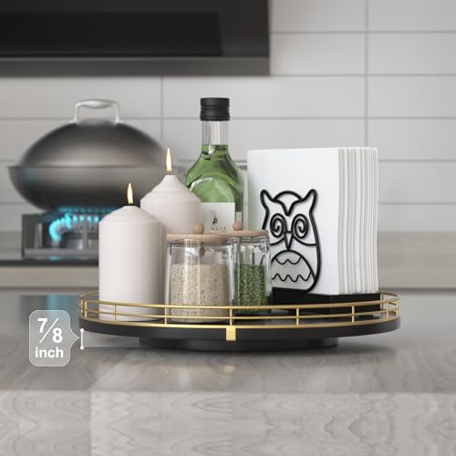 Image of 12 inch Oak Wood Lazy Susan Organizer, Lazy Susan for Cabinet Dining Table Pantry Wood Turntable Organizer Tray for Coffee Table Kitchen Countertop Spinning Spice Can Organization and Storage Round Gold