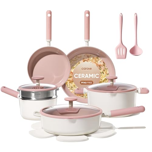 Image of CAROTE Ceramic Cookware Set Nonstick, 15pcs Pots and Pans Set Non stick, Non Toxic Cookware,Dishwasher,RV/Camping Cookware Set, Pan and Pot with Kitchen Utensils, Pink