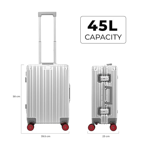 Image of EUME 100% Aluminium Cabin Trolley Bag Small for Travelling 50cm | Durable High-End 8 Silentrun 360 Degree Spinner Wheels | Premium Trolley Bag Small for Travel (Silver with Red Wheels)