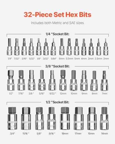 Image of VEVOR Hex Bit Socket Set, 32-Piece, S2 Alloy Steel and Cr-V Steel, Standard SAE and Metric, 1 /4 in, 3 /8 in, and 1 /2 in Drives, with Enhanced Storage Case, Allen Socket Set for Mechanics, Auto Repair