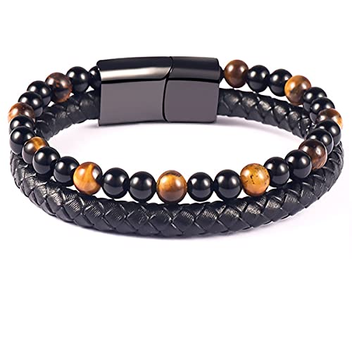 Pulsera Cuero Hombre, Trenzada Hecha Cuerda Brazalete, Pulseras de Cuentas Cadena, Con Hebilla Magnética de Acero Inoxidable (1) Cover