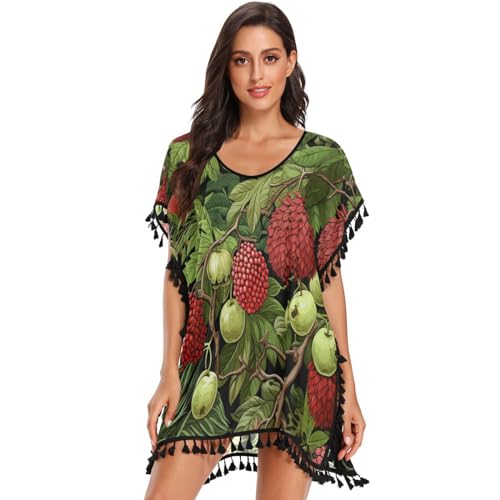 Hand Painting Red Durian Women's Beach Cover Up Chiffon Tassel Swimwear Swimsuit Coverups for Girl