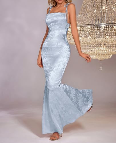 Image of GLNEGE Wedding Guest Maxi Prom Dress Lace Up Satin Formal Dresses for Women | Spaghetti Strap Cocktail Elegant Bridal Shower Wgute Dress Bodycon Mermaid Long Evening Black Tie Dresses for Women