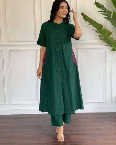 Image of Women's Cotton Embroiderd Long A-Line Kurti with Palazzo