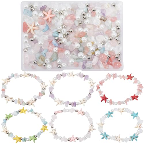 SUNNYCLUE 1 Box DIY 6 Set Ocean Beading Bracelet Kit Sea Animal Bead Colorful Starfish Beads Amethyst Rose Quartz Amazonite Turquoise Gemstone Chips Summer Hawaii Glass Beads for jewellery Making Kits