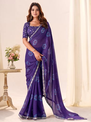 Image of AKHILAM Women's Bandhani Printed Chiffon Saree with Blouse
