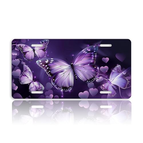 Purple Butterfly Front License Plate for Women Flower Butterflies Car Vanity Plates Decorative Aluminum Metal Cute Novelty License Plate 6x12 Inch (4 Holes)