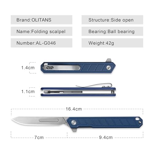 Image of OLITANS G046 Mecha Mini Slim Folding Scalpel with 5pcs #24 and 5pcs #60 G10 Handle with Liner Lock, Utility EDC Pocket Knife with Back Clip(Blue)