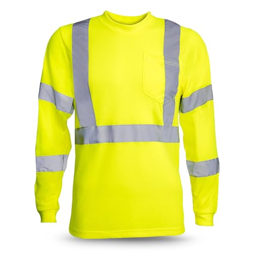 RUGGED BLUE Moisture Wicking High Vis Long Sleeve Shirt, ANSI Class 3 Rated High Visibility Work Shirt with Reflective Tape, Large