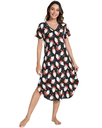 Image of NACHILA Nightgowns for Women-Viscose Made from Bamboo, V Neck Sleepshirts Short Sleeve Sleepwear Cool Nightshirt