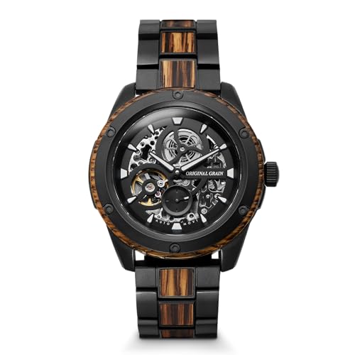 Original Grain Whiskey Black Rugged Automatic 44mm | Automatic Movement 316L Stainless Steel Adjustable Watch Band | 10ATM Water-Resistant & Scratch-Resistant | Whiskey Barrel Wood