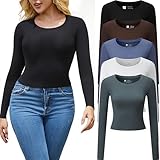 FMNNNN 5 Pack Womens Activewear T Shirts Long Sleeve Crop Tops Crew Neck Ribbed Cotton Workout Fall Winter Apparel Soft Ladies Tees Moisture Wicking Fitted Casual Stretchy Basic Running Clothing