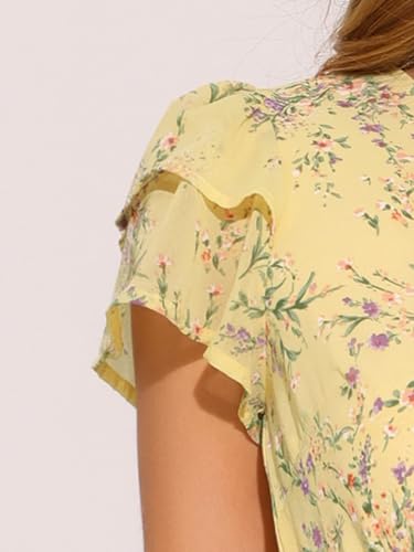 Image of Allegra K Women's Ruffle Sleeve Self-Tie V Neck Flowy Ruffled A-Line Floral Chiffon Dress