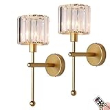 Modern Glass Crystal Wall Sconces Battery Operated Set of 2, Gold Rechargeable Wall Lights with Remote,Non Hardwired Clear Wall Lighting Fixture Brass for Bedroom Bathroom Living Room Porch