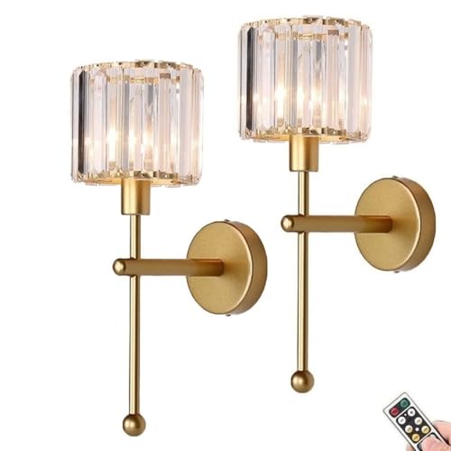 Modern Glass Crystal Wall Sconces Battery Operated Set of 2, Gold Rechargeable Wall Lights with Remote,Non Hardwired Clear Wall Lighting Fixture Brass for Bedroom Bathroom Living Room Porch