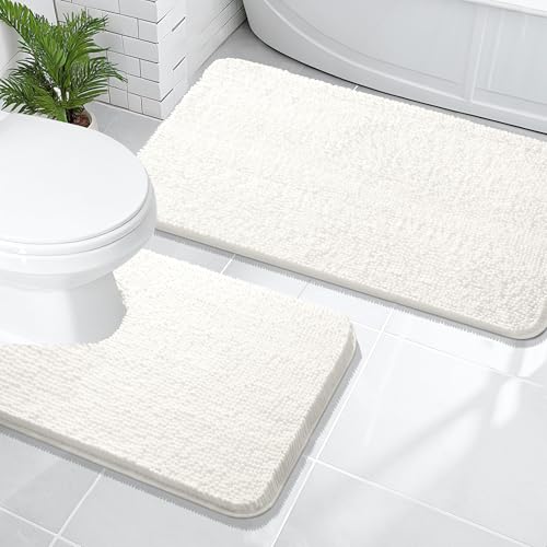 Image of OLANLY Bathroom Rugs Sets 2 Piece, Soft Absorbent Chenille Bath Mats and U-Shaped Contour Toilet Mat Area Rug Set, Machine Washable Bath Carpet, Home Decor Accessories(47 inchx20 inch+24 inchx20 inch, Ivory)