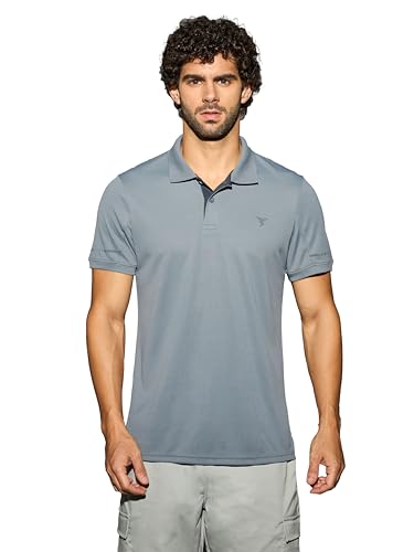 Image of TECHNOSPORT Men's Solid Slim Fit Polo Collar T-Shirt TECHNOCOOL+ Half Sleeve Button Polyester for Gym Running Workout UPF50+ Anti Odour