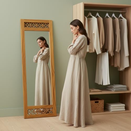 Image of APRODZ Floor Mirror Full Length with Solid Sheesham Wood Frame | Rectangular Standing Mirror for Bedroom Living Room Hallway and Dressing Area | Full Length Dressing Mirror, Natural Wooden