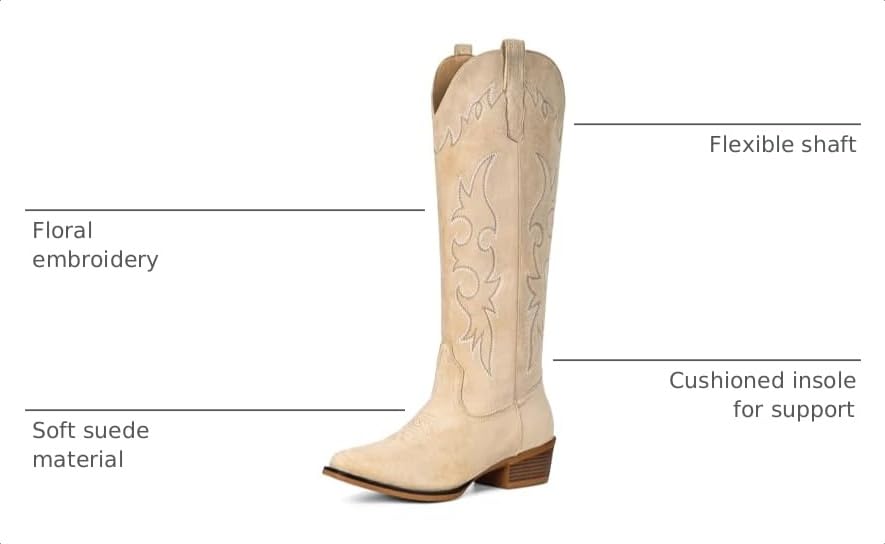 Image of Suede Cowboy Boots for Women Knee High Western Cowgirl Boots | Pointed Toe Low Heel Classic Embroidered Boot