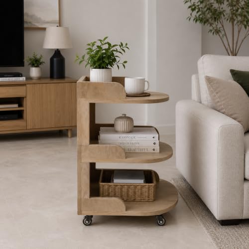 Image of The Attic Solid Wood Rolling Serving Trolley with Storage Shelves, Natural Finish
