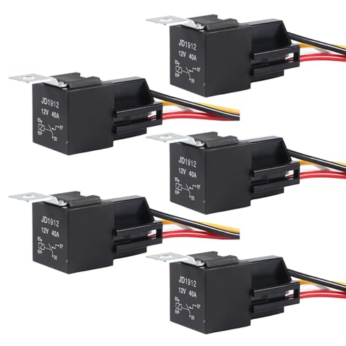 DIANN 5pcs Car Relay with Harness 12V 40A 4 Pin SPST Harness Sockets with Color-Labeled Wires for Automotive Truck Van Motorcycle Boat